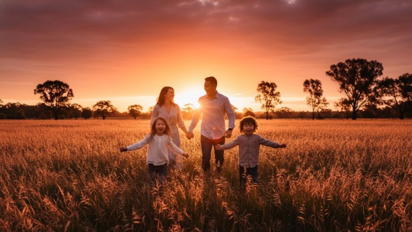 A stunning wide-angle professional photograph of a family of four (parents and two young children) laughing joyfully during a Waurn Ponds family photography golden hour session, silhouetted slightly against a breathtaking golden sunset over a scenic Waurn Ponds landscape, capturing an epic, heartfelt moment of connection and happiness.