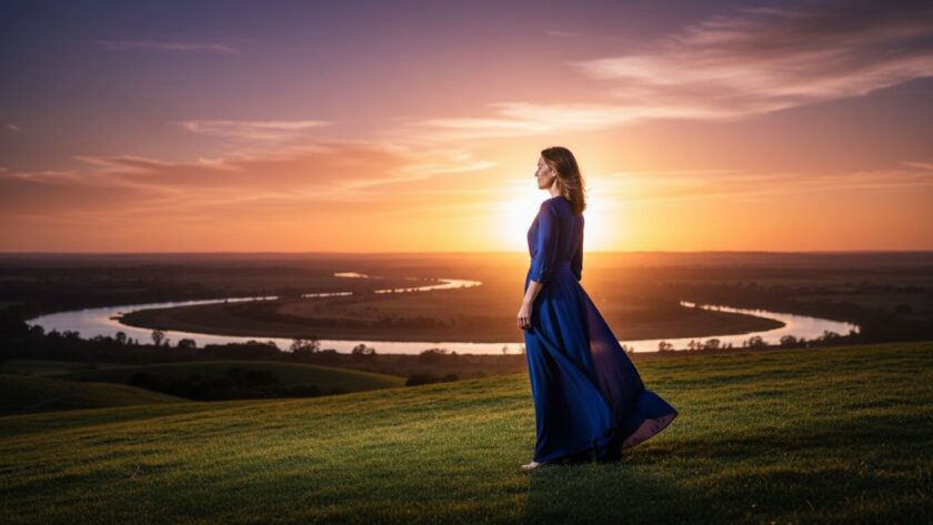 A breathtaking Waurn Ponds fine art photography dramatic portrait of a woman in an elegant flowing gown, silhouetted against a golden sunset over the Barwon River, capturing a powerful, timeless 'epic moment'.