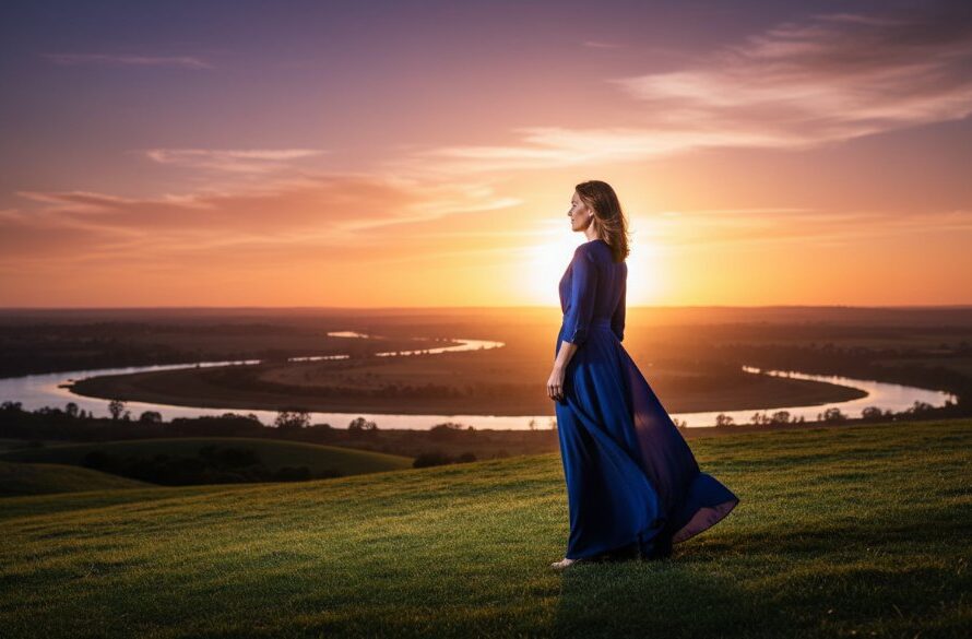 A breathtaking Waurn Ponds fine art photography dramatic portrait of a woman in an elegant flowing gown, silhouetted against a golden sunset over the Barwon River, capturing a powerful, timeless 'epic moment'.