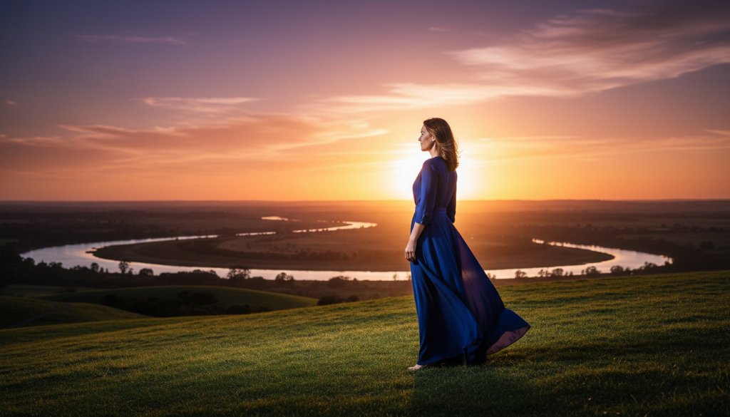 A breathtaking Waurn Ponds fine art photography dramatic portrait of a woman in an elegant flowing gown, silhouetted against a golden sunset over the Barwon River, capturing a powerful, timeless 'epic moment'.