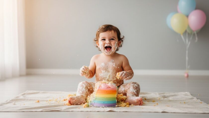 A wide-angle, epic moment photograph capturing a jubilant toddler amidst a delightfully messy cake smash, showcasing Waurn Ponds first birthday cake smash photography joy in a sun-drenched studio with soft, professional lighting.