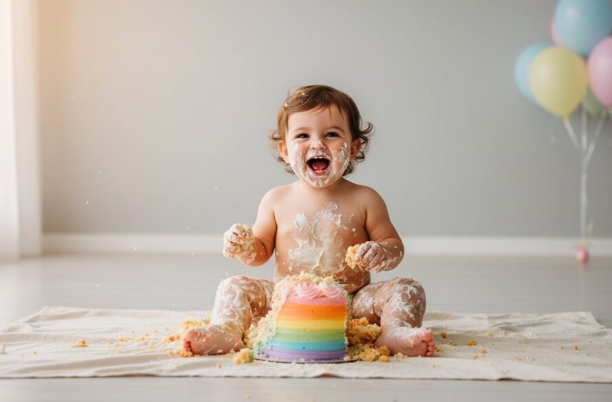 A wide-angle, epic moment photograph capturing a jubilant toddler amidst a delightfully messy cake smash, showcasing Waurn Ponds first birthday cake smash photography joy in a sun-drenched studio with soft, professional lighting.