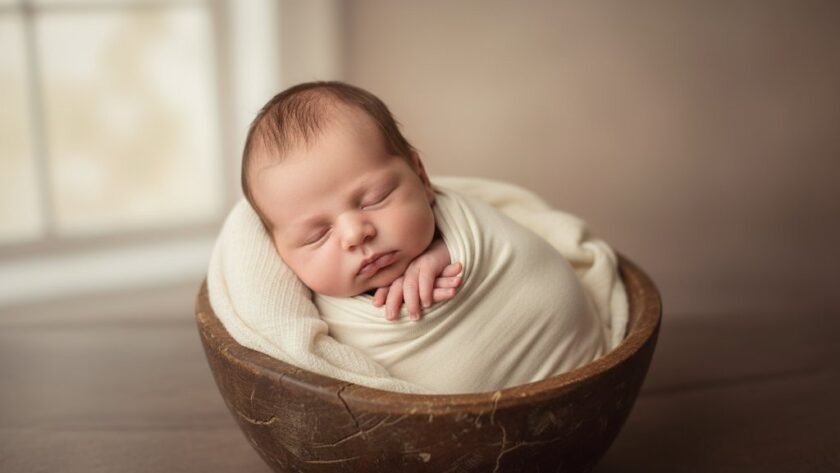 An epic moment captured: a peaceful newborn baby, wrapped in soft, earthy tones, nestled in a vintage wooden prop against a gently blurred Waurn Ponds natural light background, exuding warmth and tenderness. This Waurn Ponds newborn photography for timeless family keepsakes image showcases dramatic, soft light illuminating the baby's delicate features.