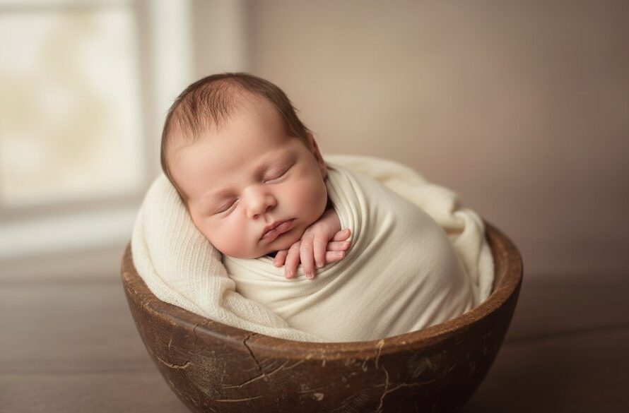 An epic moment captured: a peaceful newborn baby, wrapped in soft, earthy tones, nestled in a vintage wooden prop against a gently blurred Waurn Ponds natural light background, exuding warmth and tenderness. This Waurn Ponds newborn photography for timeless family keepsakes image showcases dramatic, soft light illuminating the baby's delicate features.
