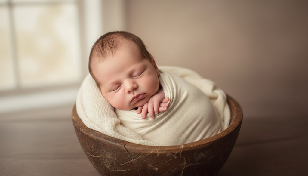 An epic moment captured: a peaceful newborn baby, wrapped in soft, earthy tones, nestled in a vintage wooden prop against a gently blurred Waurn Ponds natural light background, exuding warmth and tenderness. This Waurn Ponds newborn photography for timeless family keepsakes image showcases dramatic, soft light illuminating the baby's delicate features.