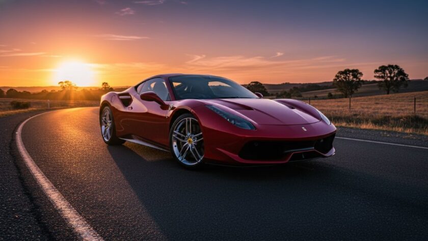 An epic moment of a gleaming red sports car parked dramatically at sunset on a winding road near Waurn Ponds, showcasing Waurn Ponds performance car photography excellence with cinematic lighting and a professional, colour-graded finish.