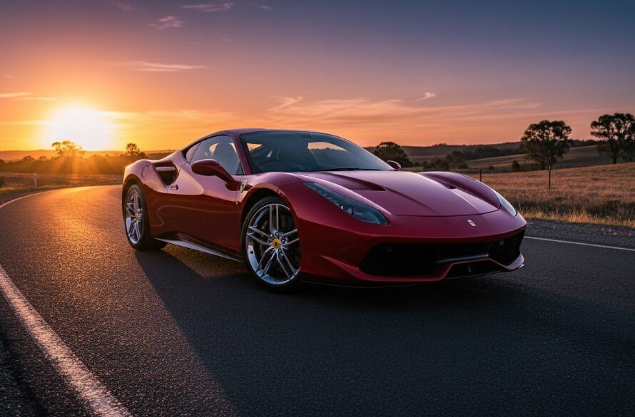 An epic moment of a gleaming red sports car parked dramatically at sunset on a winding road near Waurn Ponds, showcasing Waurn Ponds performance car photography excellence with cinematic lighting and a professional, colour-graded finish.