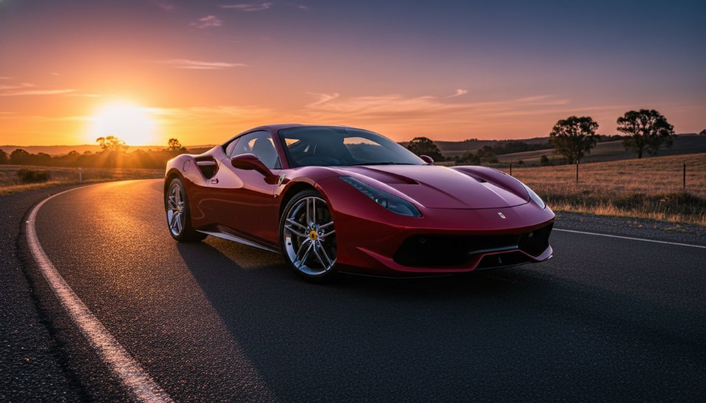 An epic moment of a gleaming red sports car parked dramatically at sunset on a winding road near Waurn Ponds, showcasing Waurn Ponds performance car photography excellence with cinematic lighting and a professional, colour-graded finish.