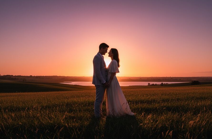 An epic moment photograph of a couple embracing amidst a golden sunset glow at a picturesque Waurn Ponds Pre-Wedding Photography Victoria's Best Spots location, showcasing the stunning natural beauty and romantic atmosphere.