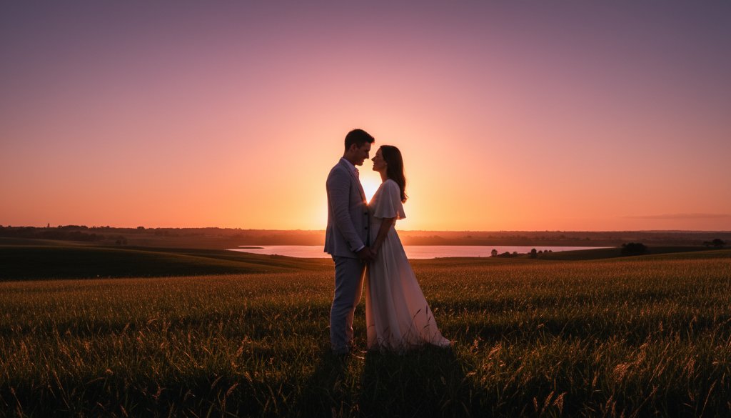 An epic moment photograph of a couple embracing amidst a golden sunset glow at a picturesque Waurn Ponds Pre-Wedding Photography Victoria's Best Spots location, showcasing the stunning natural beauty and romantic atmosphere.