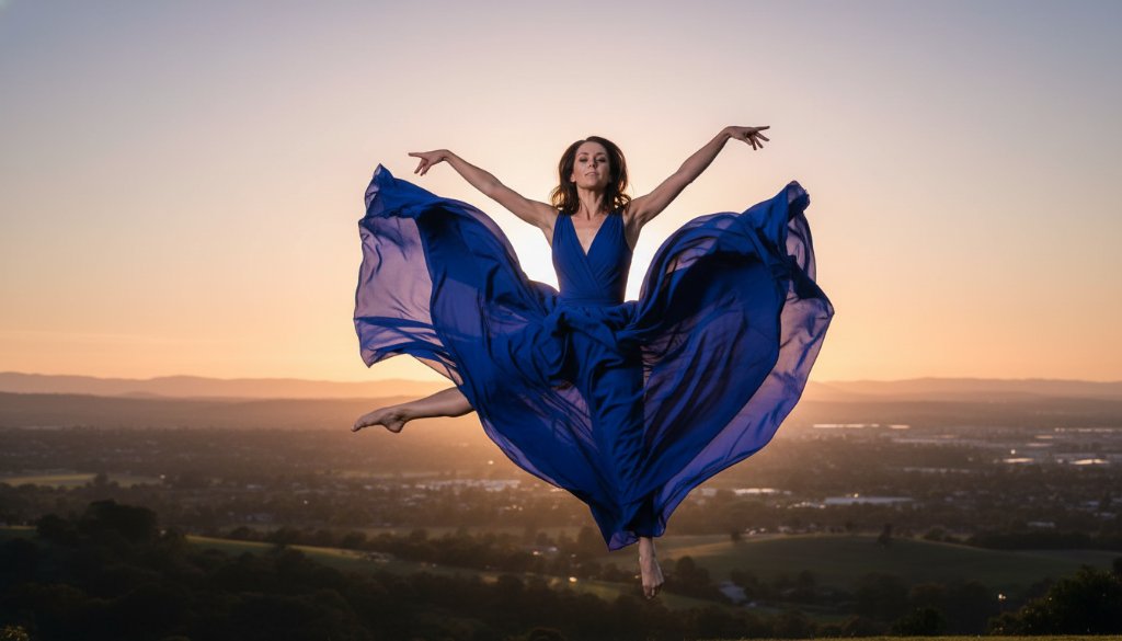 A dynamic and emotionally charged photograph capturing a dancer mid-air in an epic leap, silhouetted against a dramatic sunset over Waurn Ponds, showcasing Waurn Ponds vibrant dance photography for epic moments.