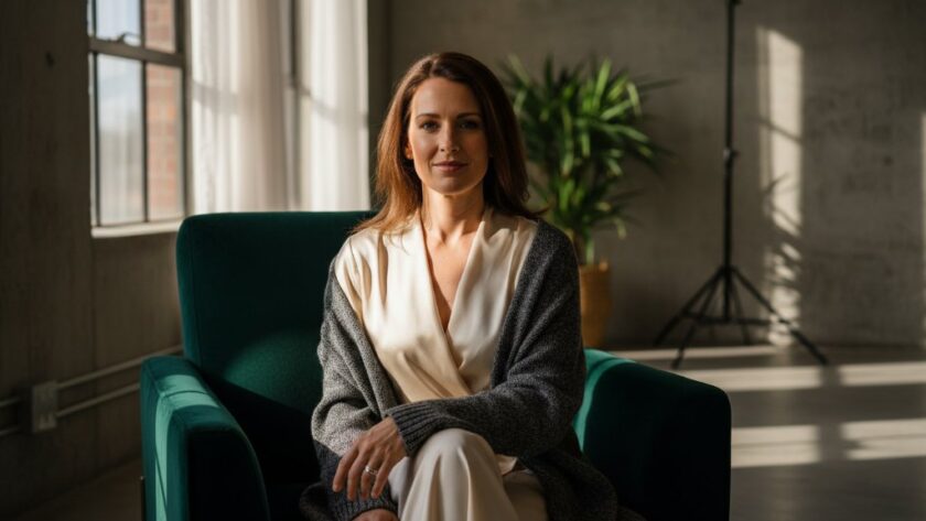A stunning, dramatically lit close-up of a woman's confident and serene face during a Wendouree boudoir photography experience for empowerment, her eyes conveying strength and self-acceptance, with soft shadows accentuating her features in a professional studio setting.