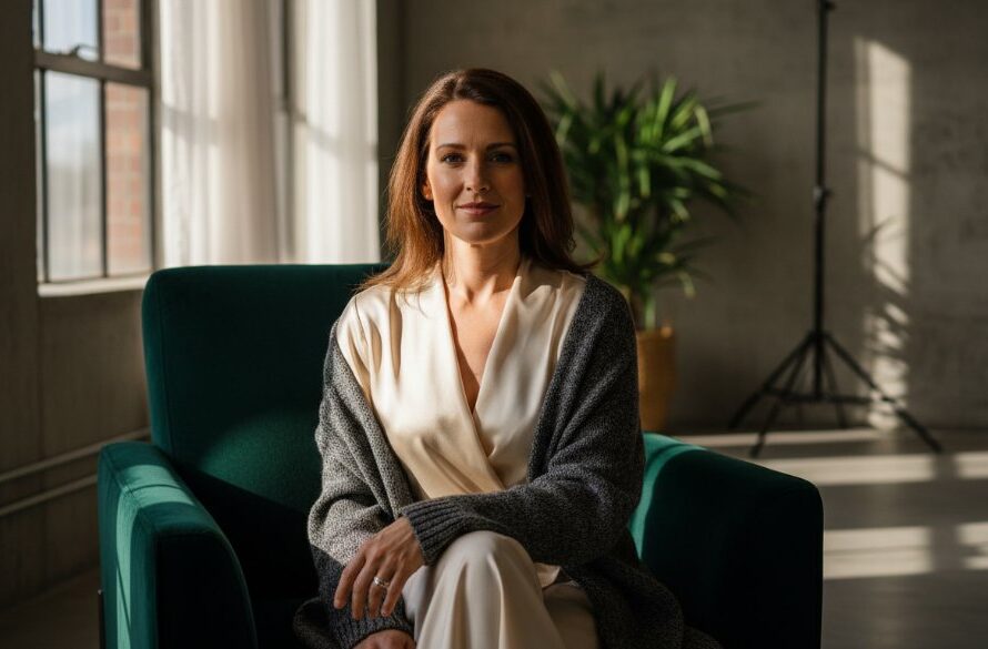 A stunning, dramatically lit close-up of a woman's confident and serene face during a Wendouree boudoir photography experience for empowerment, her eyes conveying strength and self-acceptance, with soft shadows accentuating her features in a professional studio setting.
