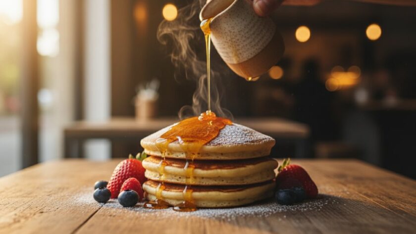 A dramatic, cinematically lit shot of a barista expertly pouring latte art into a coffee cup, framed by a beautifully styled pastry on a wooden table inside a cozy Wendouree café, showcasing Wendouree café menu photography styling excellence.