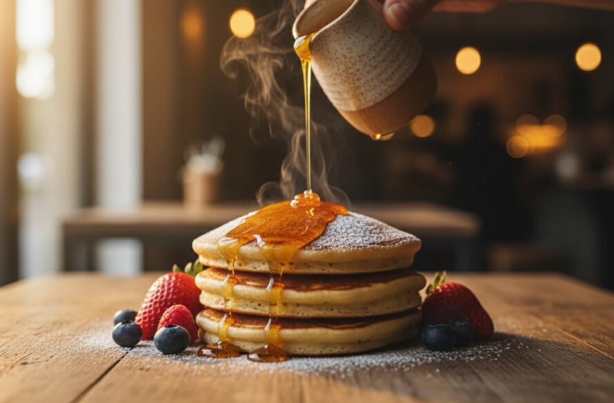 A dramatic, cinematically lit shot of a barista expertly pouring latte art into a coffee cup, framed by a beautifully styled pastry on a wooden table inside a cozy Wendouree café, showcasing Wendouree café menu photography styling excellence.