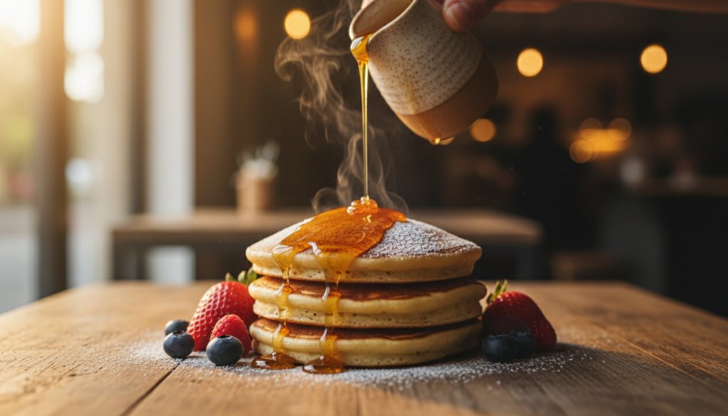 A dramatic, cinematically lit shot of a barista expertly pouring latte art into a coffee cup, framed by a beautifully styled pastry on a wooden table inside a cozy Wendouree café, showcasing Wendouree café menu photography styling excellence.