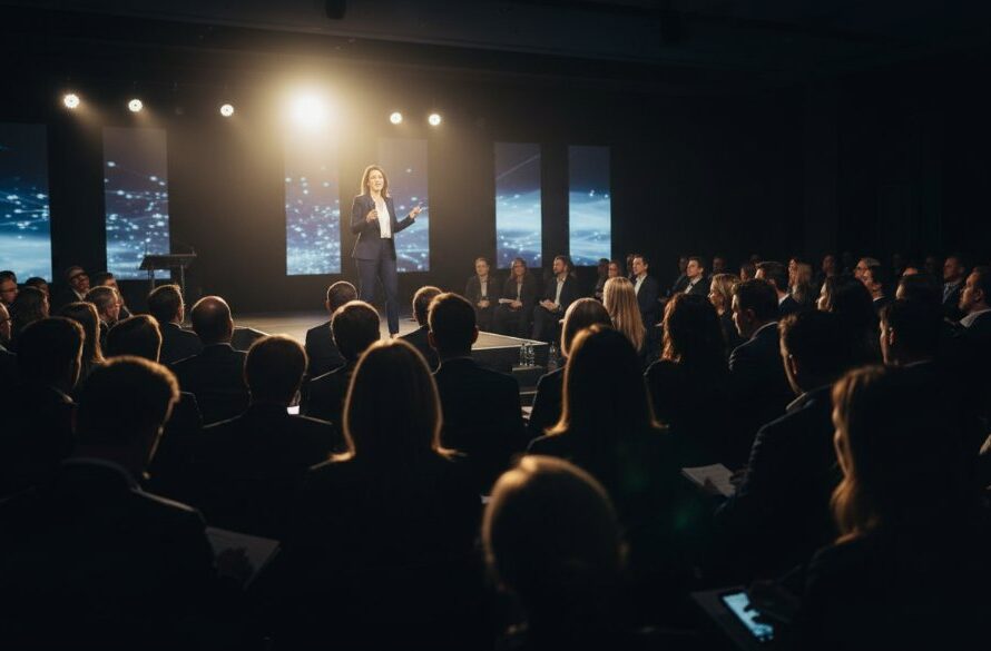 A dynamic, wide-angle shot of a keynote speaker on stage during a corporate conference at a modern venue in Wendouree, Victoria, with a spotlight on the speaker, silhouetted attendees in the foreground, and the energy of Wendouree corporate event photography capturing key moments beautifully.