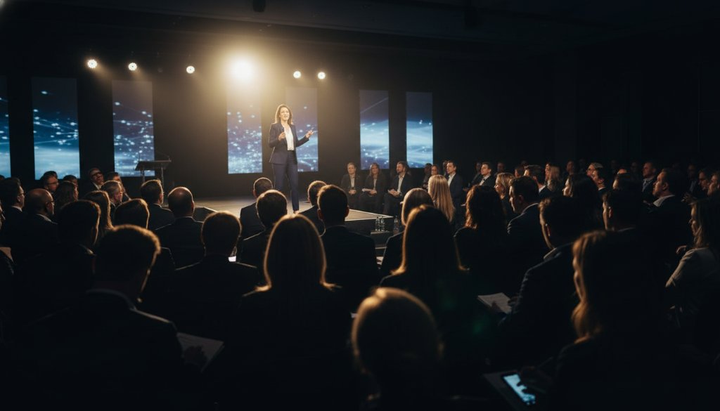 A dynamic, wide-angle shot of a keynote speaker on stage during a corporate conference at a modern venue in Wendouree, Victoria, with a spotlight on the speaker, silhouetted attendees in the foreground, and the energy of Wendouree corporate event photography capturing key moments beautifully.