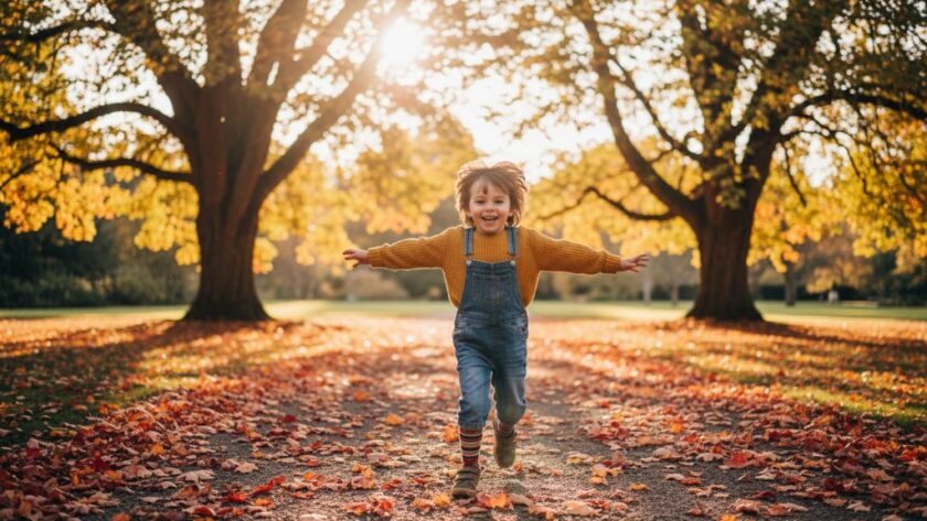 A heartwarming, cinematic photograph capturing a Wendouree kids photography candid moment, showing a child joyfully running through autumn leaves at the Ballarat Botanical Gardens, bathed in golden hour light, with a parent in the background, professional color grading.