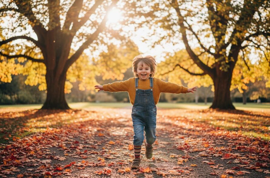 A heartwarming, cinematic photograph capturing a Wendouree kids photography candid moment, showing a child joyfully running through autumn leaves at the Ballarat Botanical Gardens, bathed in golden hour light, with a parent in the background, professional color grading.