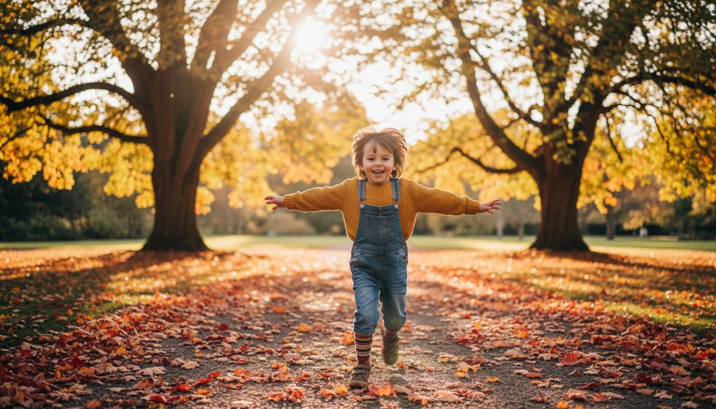 A heartwarming, cinematic photograph capturing a Wendouree kids photography candid moment, showing a child joyfully running through autumn leaves at the Ballarat Botanical Gardens, bathed in golden hour light, with a parent in the background, professional color grading.