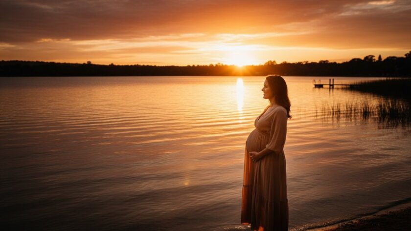 A stunning Wendouree maternity photography golden hour portraits showcasing an expectant mother silhouetted against a radiant sunset over Lake Wendouree, capturing her beautiful baby bump in a breathtaking and emotional moment.