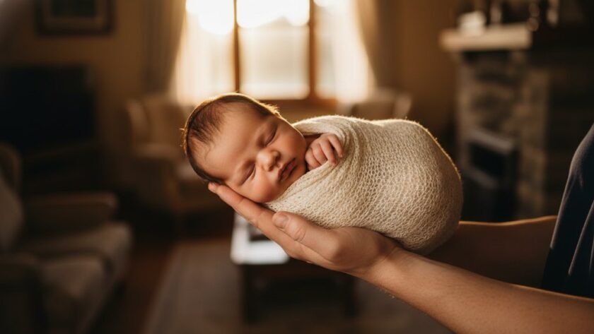 A tender, cinematic wide shot of a sleeping newborn baby wrapped in a soft, cream swaddle, cradled gently in a parent's arms, bathed in a warm, golden light streaming through a window in a heritage Wendouree home, embodying the essence of Wendouree newborn photography capturing precious first moments.
