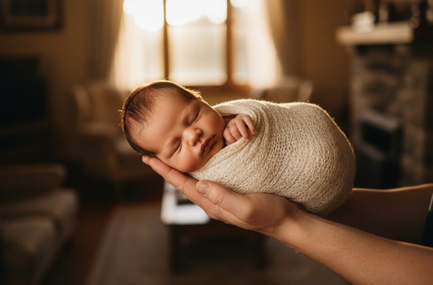 A tender, cinematic wide shot of a sleeping newborn baby wrapped in a soft, cream swaddle, cradled gently in a parent's arms, bathed in a warm, golden light streaming through a window in a heritage Wendouree home, embodying the essence of Wendouree newborn photography capturing precious first moments.