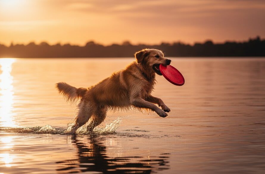 An epic moment in Wendouree pet photography capturing joy at Lake Gardens, featuring a golden retriever mid-leap with a frisbee against the dramatic backdrop of a sunset over Lake Wendouree, showcasing playful energy and professional artistry.