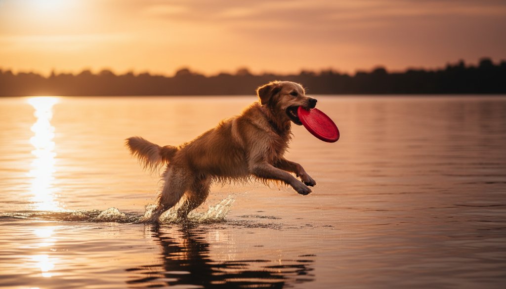 An epic moment in Wendouree pet photography capturing joy at Lake Gardens, featuring a golden retriever mid-leap with a frisbee against the dramatic backdrop of a sunset over Lake Wendouree, showcasing playful energy and professional artistry.