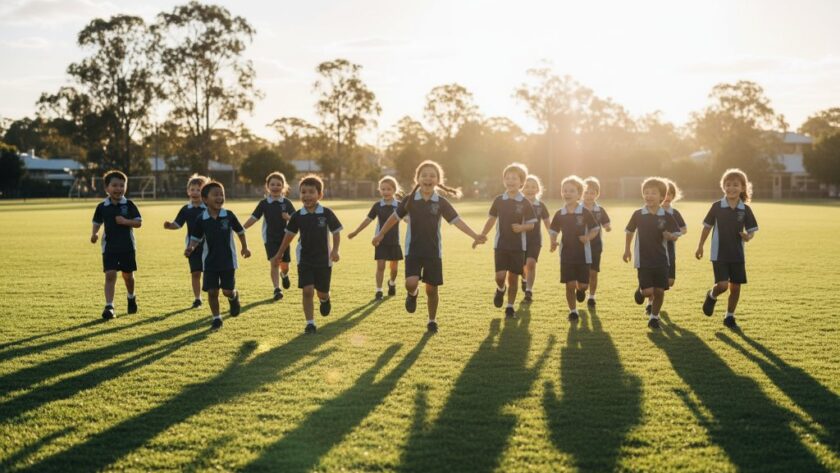 A vibrant, wide-angle shot of a group of excited primary school children in Wendouree, Victoria, laughing and running freely in a sunny schoolyard during recess, perfectly capturing genuine student joy with dynamic energy and natural light, showcasing expert Wendouree school photography.