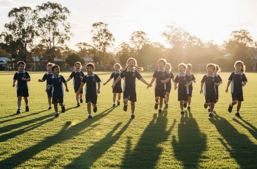 A vibrant, wide-angle shot of a group of excited primary school children in Wendouree, Victoria, laughing and running freely in a sunny schoolyard during recess, perfectly capturing genuine student joy with dynamic energy and natural light, showcasing expert Wendouree school photography.