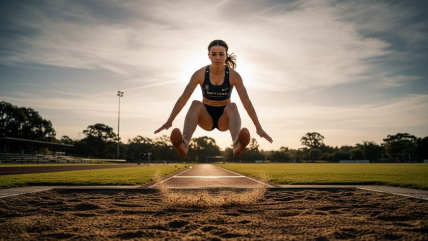 An epic, high-action moment captured by expert Wendouree Sports Photography Capturing Peak Athletic Moments, showing a junior athlete mid-stride during a race at a track near Lake Wendouree, bathed in dramatic golden hour light, focused and determined.