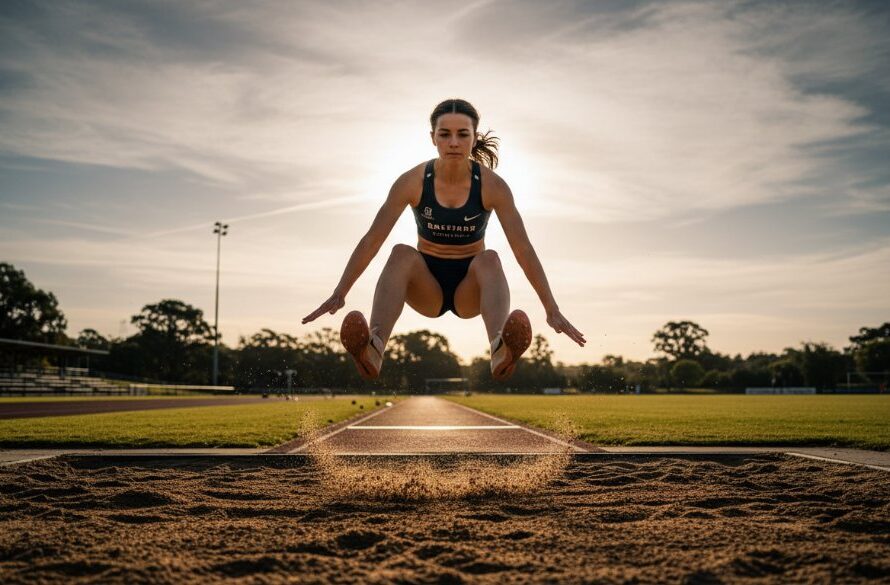 An epic, high-action moment captured by expert Wendouree Sports Photography Capturing Peak Athletic Moments, showing a junior athlete mid-stride during a race at a track near Lake Wendouree, bathed in dramatic golden hour light, focused and determined.