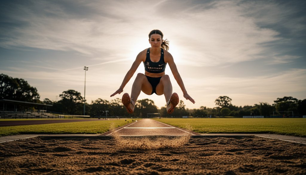 An epic, high-action moment captured by expert Wendouree Sports Photography Capturing Peak Athletic Moments, showing a junior athlete mid-stride during a race at a track near Lake Wendouree, bathed in dramatic golden hour light, focused and determined.