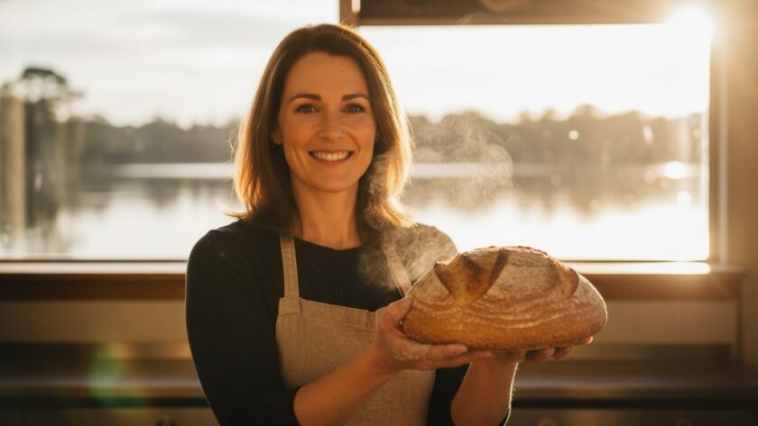 An epic moment in Wendouree Victoria advertising photography featuring a local artisanal baker proudly presenting a freshly baked sourdough loaf, with the morning sun dramatically backlighting the steam, set against a blurred backdrop of Lake Wendouree's serene waters.