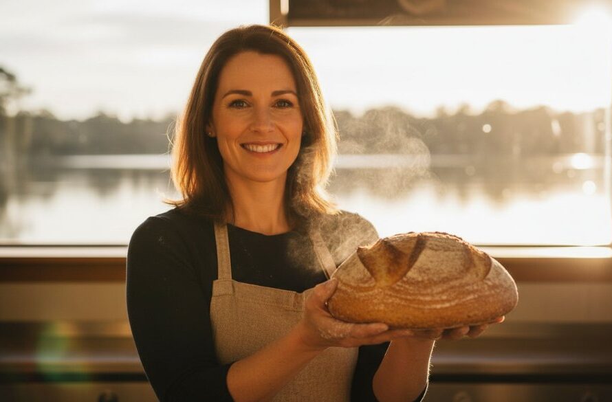 An epic moment in Wendouree Victoria advertising photography featuring a local artisanal baker proudly presenting a freshly baked sourdough loaf, with the morning sun dramatically backlighting the steam, set against a blurred backdrop of Lake Wendouree's serene waters.