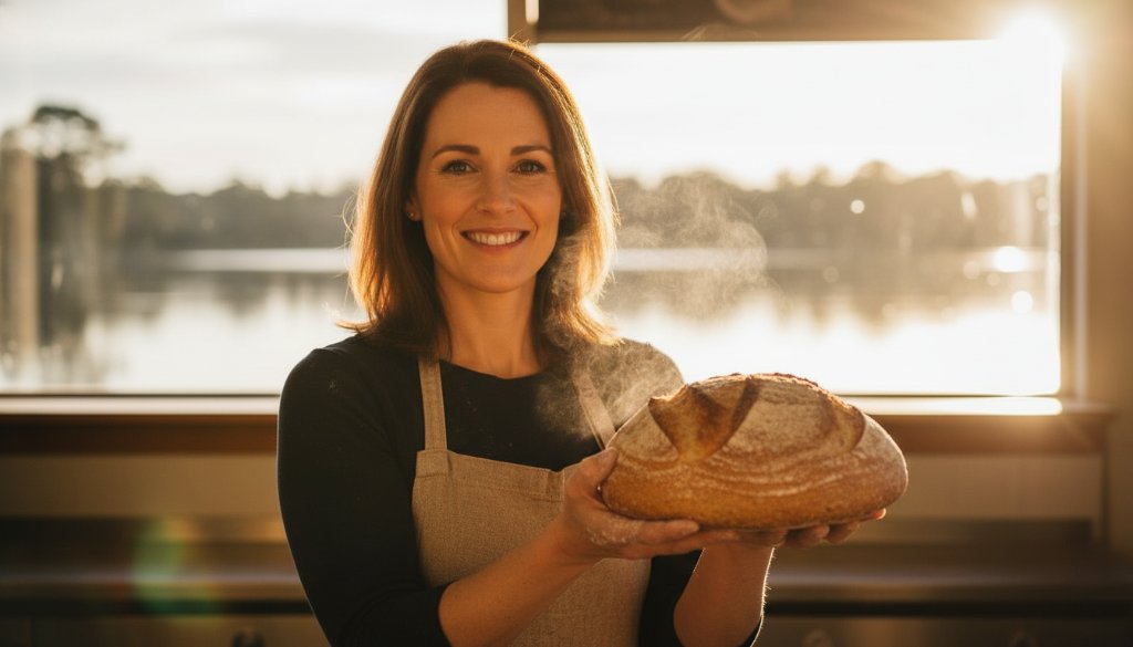 An epic moment in Wendouree Victoria advertising photography featuring a local artisanal baker proudly presenting a freshly baked sourdough loaf, with the morning sun dramatically backlighting the steam, set against a blurred backdrop of Lake Wendouree's serene waters.