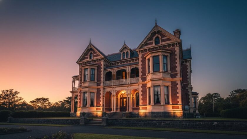 An epic moment captured in Wendouree, showcasing the intricate details of a grand Victorian-era building at dusk, bathed in warm, dramatic artificial light, illustrating Wendouree Victorian era architecture photography tips.
