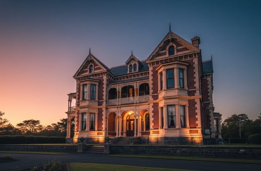 An epic moment captured in Wendouree, showcasing the intricate details of a grand Victorian-era building at dusk, bathed in warm, dramatic artificial light, illustrating Wendouree Victorian era architecture photography tips.