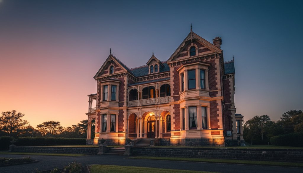 An epic moment captured in Wendouree, showcasing the intricate details of a grand Victorian-era building at dusk, bathed in warm, dramatic artificial light, illustrating Wendouree Victorian era architecture photography tips.