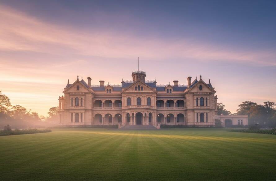 A wide-angle, dramatic shot of the historic Werribee Mansion at sunrise, with golden light illuminating its ornate facade, capturing the grandeur of Werribee architecture photography capturing local heritage.
