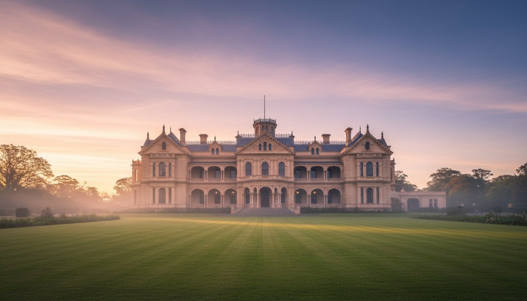 A wide-angle, dramatic shot of the historic Werribee Mansion at sunrise, with golden light illuminating its ornate facade, capturing the grandeur of Werribee architecture photography capturing local heritage.