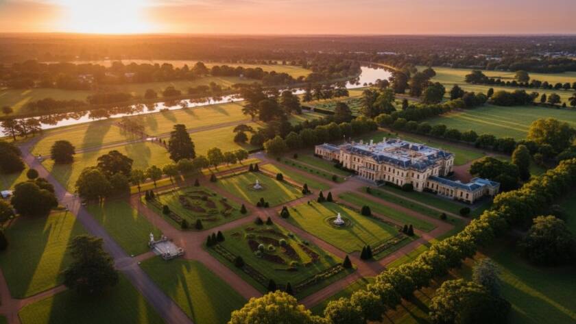 An epic aerial shot of Werribee Mansion at sunrise, golden light illuminating its historic facade and formal gardens, showcasing the power of Werribee drone photography for businesses to capture breathtaking local landmarks.