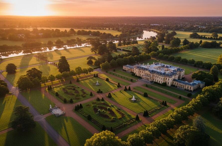 An epic aerial shot of Werribee Mansion at sunrise, golden light illuminating its historic facade and formal gardens, showcasing the power of Werribee drone photography for businesses to capture breathtaking local landmarks.