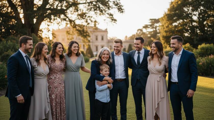 Dynamic, candid shot of a multi-generational family joyfully celebrating an anniversary at Werribee Park Mansion, featuring the Werribee family celebration photography specialists capturing genuine laughter under golden hour light, with beautiful garden bokeh.