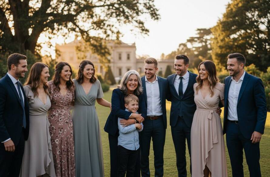 Dynamic, candid shot of a multi-generational family joyfully celebrating an anniversary at Werribee Park Mansion, featuring the Werribee family celebration photography specialists capturing genuine laughter under golden hour light, with beautiful garden bokeh.