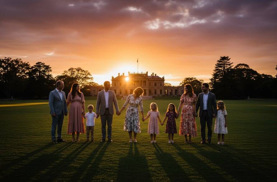 A dramatic and emotionally resonant fine art photograph capturing a family legacy in Werribee, showing a multi-generational family silhouetted against a golden sunset at Werribee Park Mansion, evoking timeless connection and professional artistic skill.