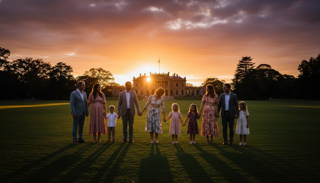 A dramatic and emotionally resonant fine art photograph capturing a family legacy in Werribee, showing a multi-generational family silhouetted against a golden sunset at Werribee Park Mansion, evoking timeless connection and professional artistic skill.