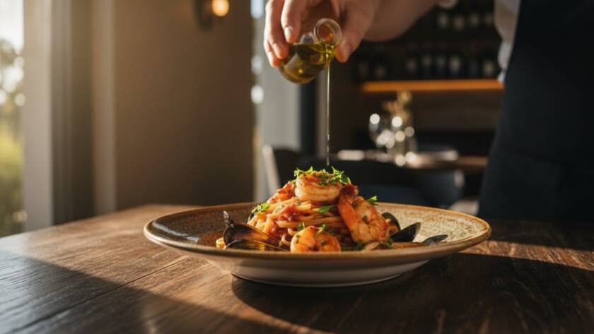 An epic moment captured in Werribee restaurant menu photography styling, featuring a beautifully plated dish with dramatic natural light streaming onto a wooden table, chefs hand artfully arranging a garnish, creating a cinematic, professional photograph with rich colours and depth.